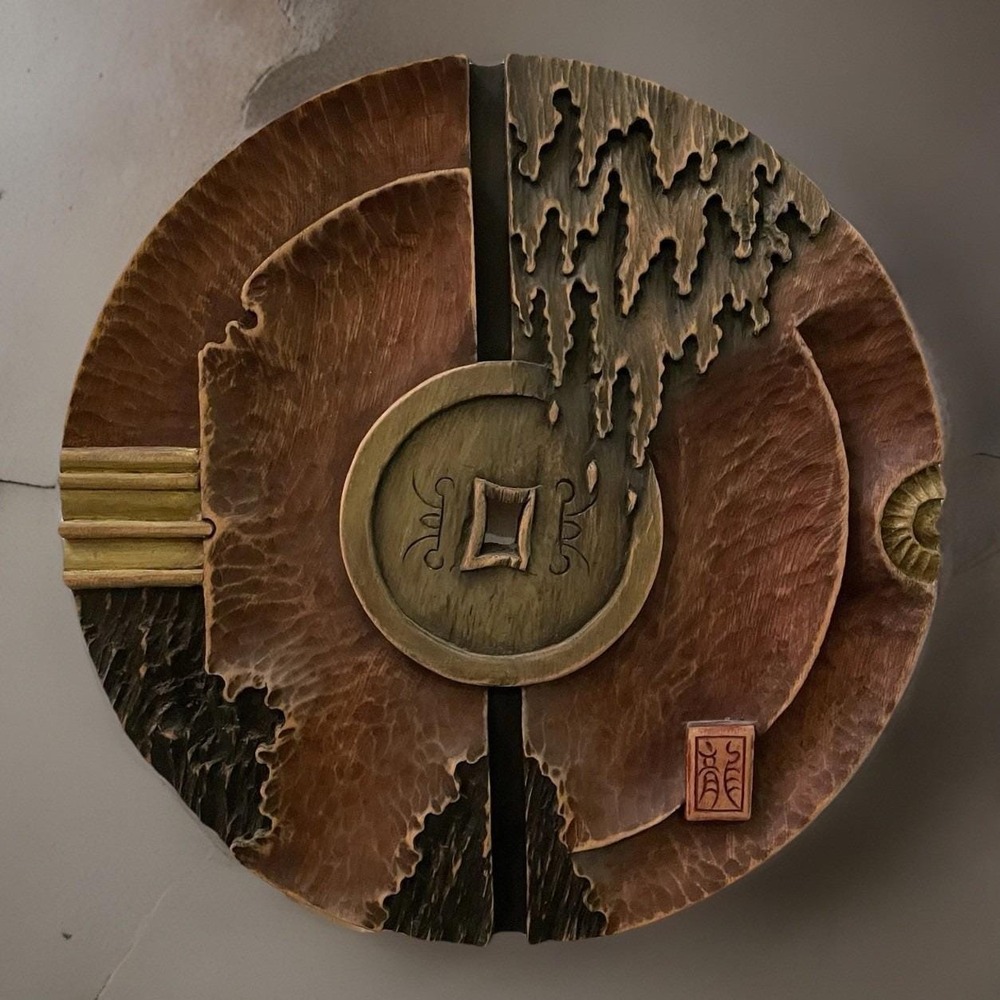 Hand Carved 3D Wood Wall Art 14" Dia. Ancient Chinese Copper Coin Depiction